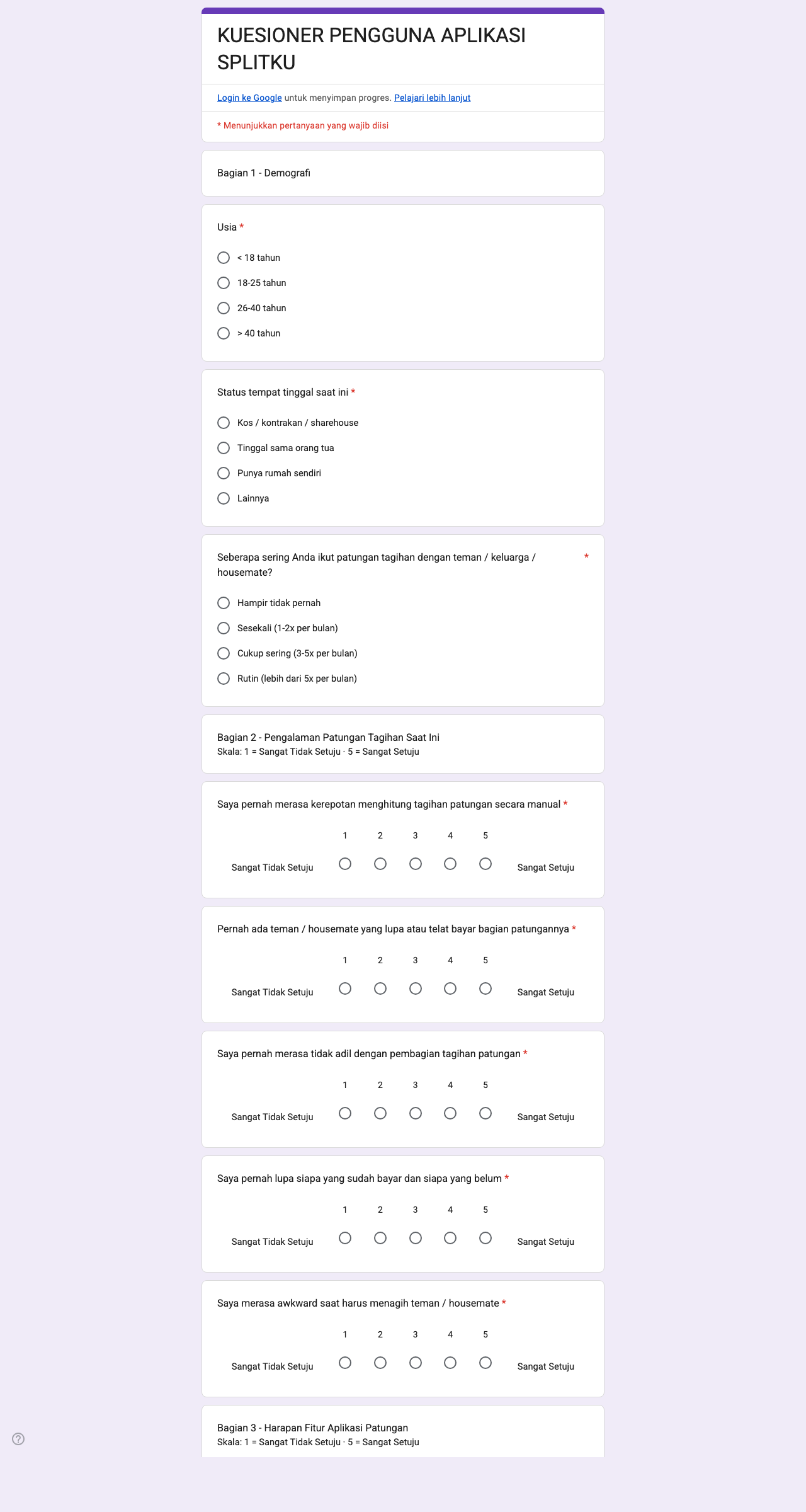 Tampilan kuesioner Splitku di Google Forms